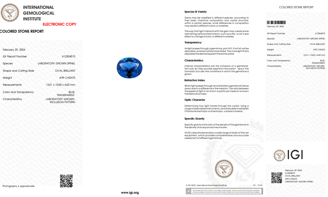 IGI Certified Laboratory Grown Blue Spinel | 4.99 Carat Oval Brilliant Cut | Luxury Gemstone-Saleh Sallom