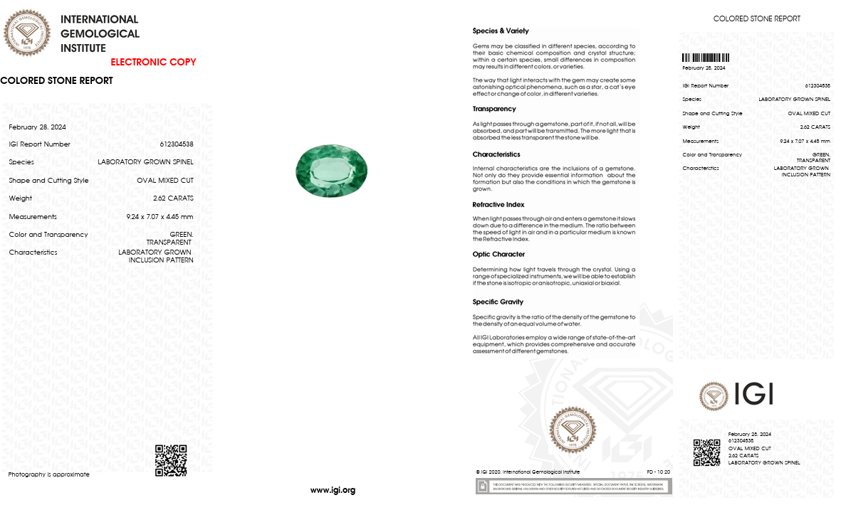 IGI Certified Laboratory Grown Green Spinel | 2.62 Carat Oval Mixed Cut | Luxury Gemstone-Saleh Sallom
