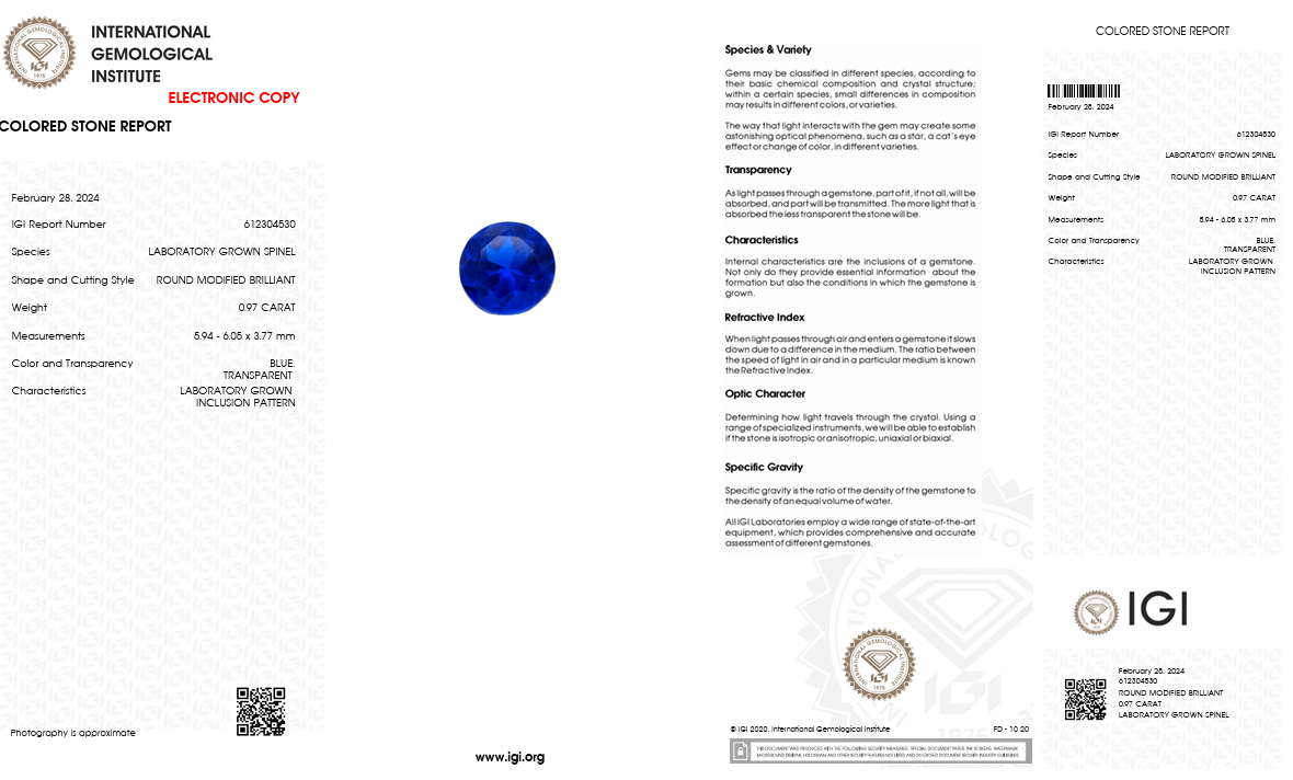 IGI Certified Laboratory Grown Blue Spinel | 0.97 Carat Round Modified Brilliant Cut | Luxury Gemstone-Saleh Sallom