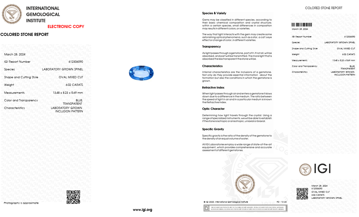 IGI Certified Laboratory Grown Blue Spinel | 6.02 Carat Oval Mixed Cut | Elegant Statement Gemstone-Saleh Sallom