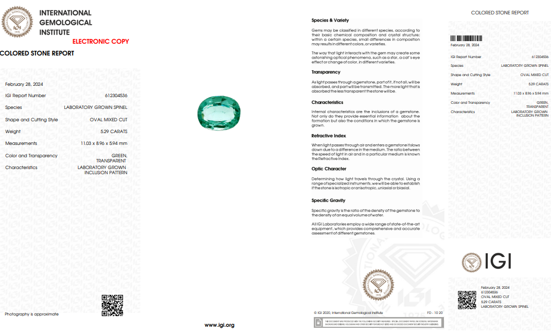 IGI Certified Laboratory Grown Green Spinel | 5.29 Carat Oval Mixed Cut | Elegant Fine Gemstone-Saleh Sallom