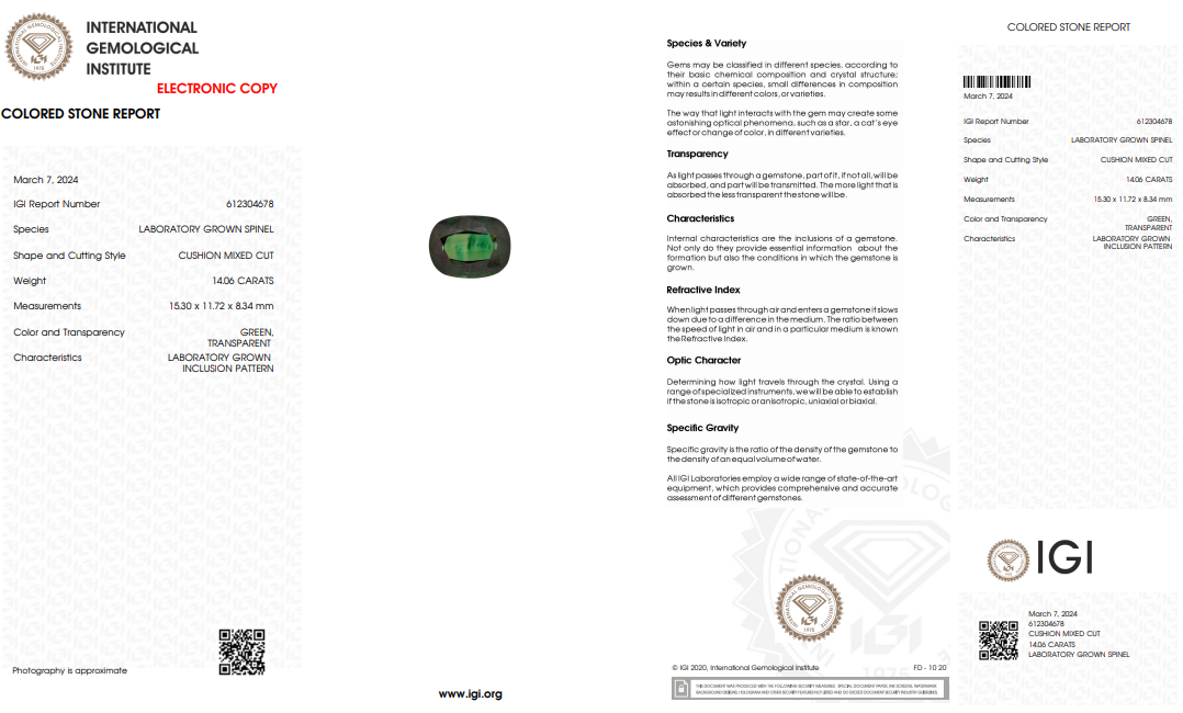 IGI Certified Laboratory Grown Green Spinel | 14.06 Carat Cushion Mixed Cut | Premium Statement Gemstone-Saleh Sallom