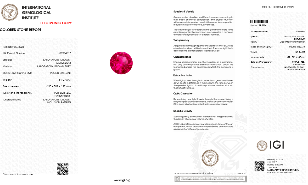IGI Certified Laboratory Grown Ruby | 1.61 Carat Round Brilliant Cut | Vivid Red Luxury Gemstone-Saleh Sallom