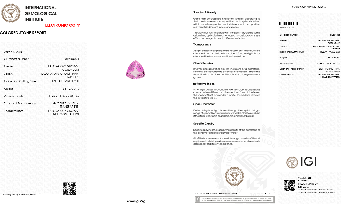 IGI Certified Laboratory Grown Pink Sapphire | 8.51 Carat Trilliant Mixed Cut | Unique Statement Gemstone-Saleh Sallom