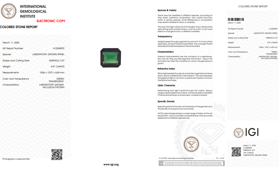 IGI Certified Laboratory Grown Green Spinel | 6.97 Carat Emerald Cut | Elegant Statement Gemstone-Saleh Sallom