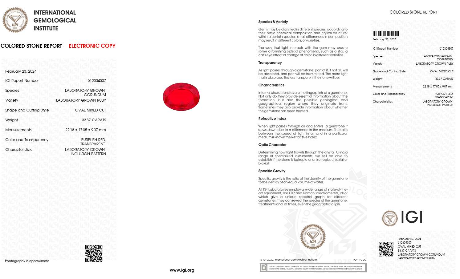IGI Certified Laboratory Grown Ruby | 33.37 Carat Oval Cut | Purplish Red Investment Gemstone Secondary image