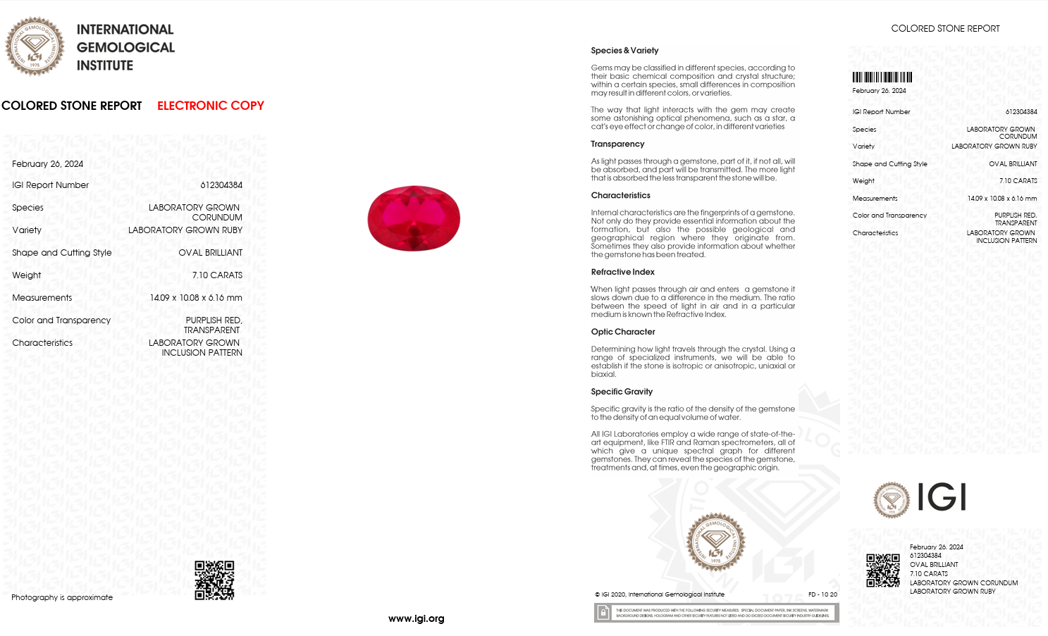 IGI Certified Laboratory Grown Ruby | 7.10 Carat Oval Brilliant Cut | Purplish Red Secondary image