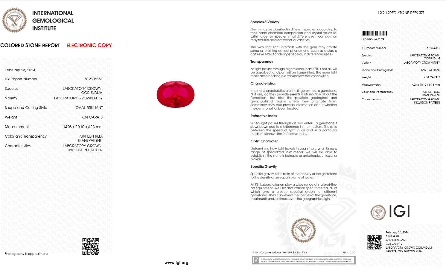 IGI Certified Laboratory Grown Ruby | 7.04 Carat Oval Cut | Purplish Red Secondary image