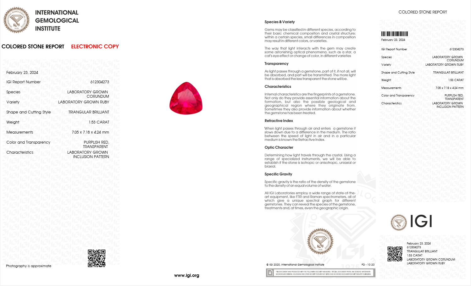 IGI Certified Laboratory Grown Ruby | 1.53 Carat Trillion Cut | Purplish Red Secondary image