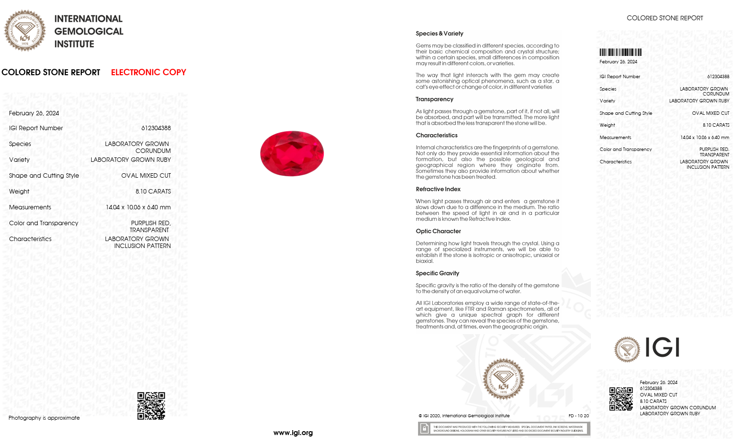 IGI Certified Laboratory Grown Ruby | 8.10 Carat Oval Cut | Purplish Red Secondary image