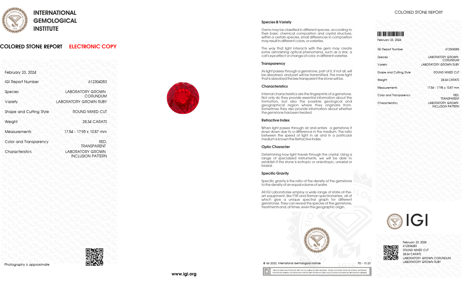 IGI Certified Laboratory Grown Ruby | 28.34 Carat Round Cut | Red Secondary image