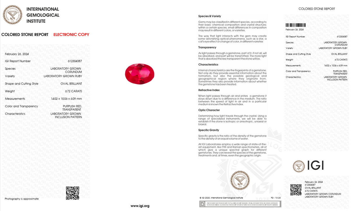 IGI Certified Laboratory Grown Ruby | 6.72 Carat Oval Cut | Purplish Red-Saleh Sallom