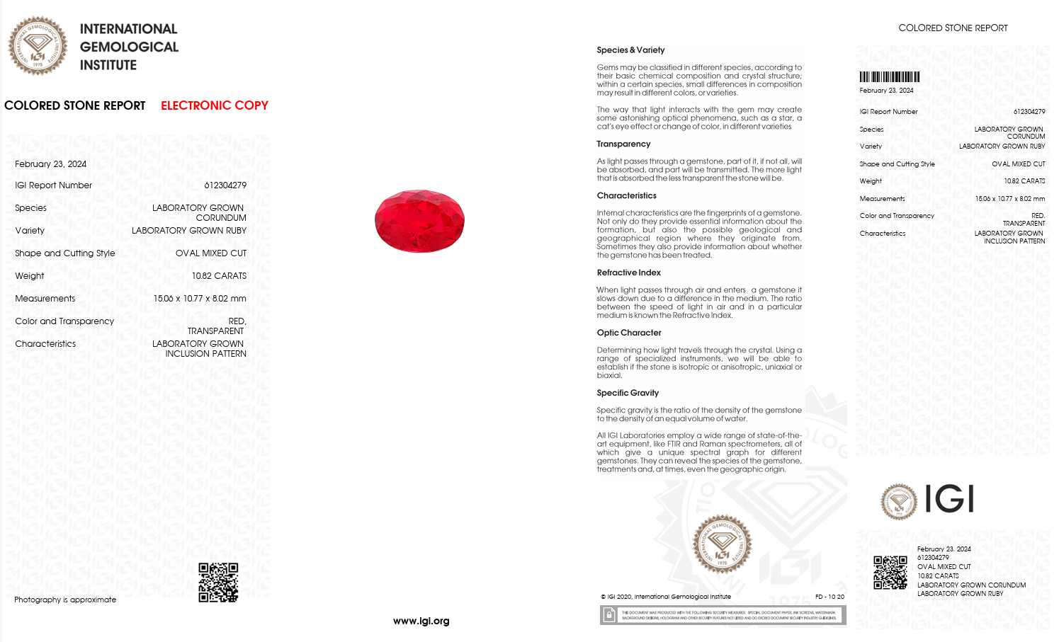 IGI Certified Laboratory Grown Ruby | 10.82 Carat Oval Cut | Vivid Red Secondary image