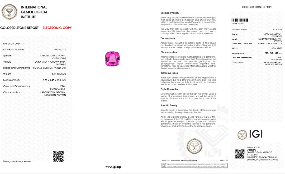 IGI Certified Laboratory Grown Pink Sapphire | 5.71 Carat Cushion Cut | Vivid Pink-Saleh Sallom