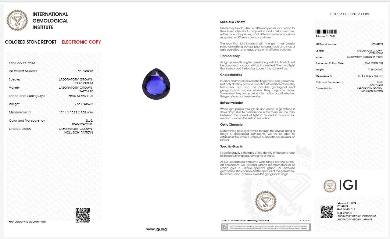 IGI Certified Laboratory Grown Blue Sapphire | 17.00 Carat Pear Mixed Cut | Luxury Gemstone Secondary image