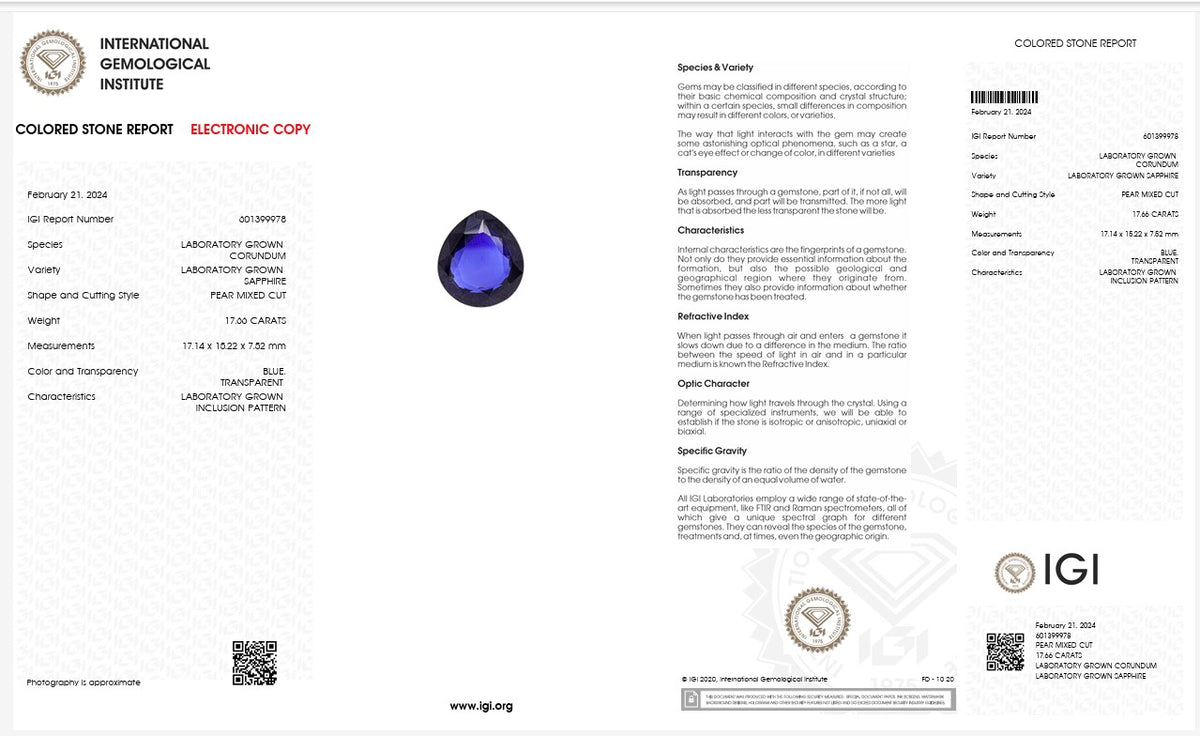 IGI Certified Laboratory Grown Blue Sapphire | 17.00 Carat Pear Mixed Cut | Luxury Gemstone-Saleh Sallom