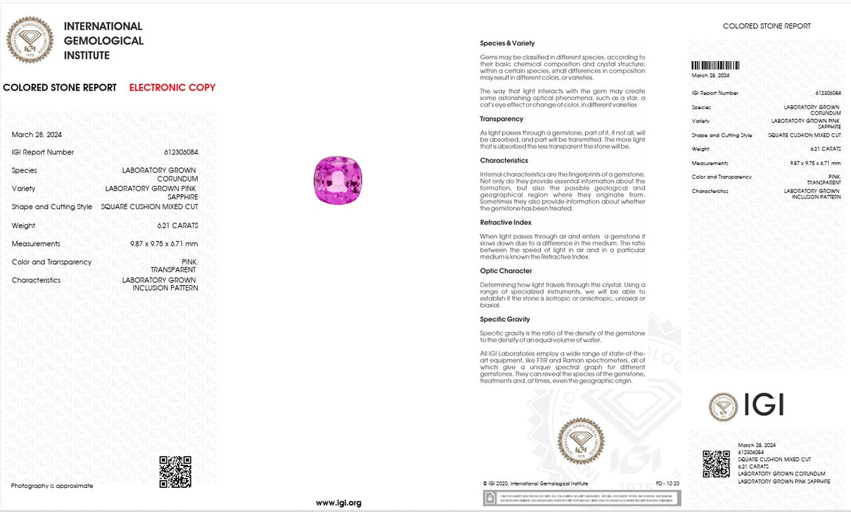 IGI Certified Laboratory Grown Pink Sapphire | 6.21 Carat Square Cushion Mixed Cut | Luxury Gemstone-Saleh Sallom