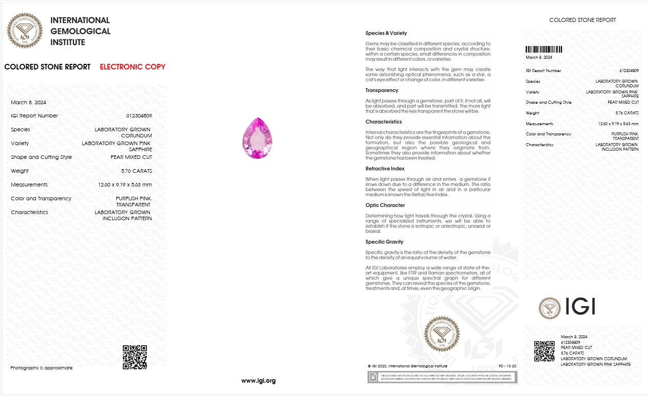 IGI Certified Laboratory Grown Purplish Pink Sapphire | 5.76 Carat Pear Mixed Cut | Luxury Gemstone Secondary image