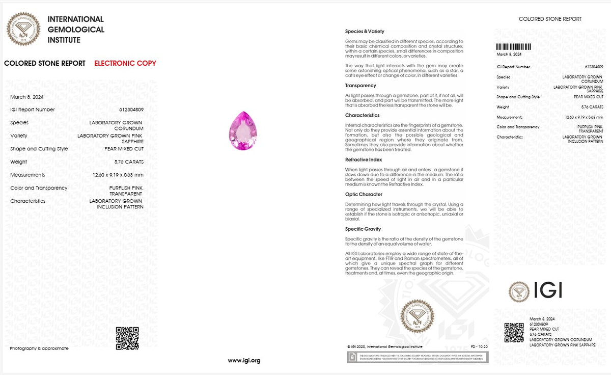 IGI Certified Laboratory Grown Purplish Pink Sapphire | 5.76 Carat Pear Mixed Cut | Luxury Gemstone-Saleh Sallom