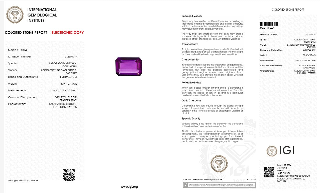 IGI Certified Laboratory Grown Violethish Purple Sapphire | 10.47 Carat Emerald Cut | Luxury Gemstone Secondary image