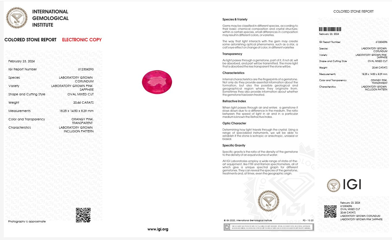 IGI Certified Laboratory Grown Orangy Pink Sapphire | 20.44 Carat Oval Mixed Cut | Luxury Gemstone Secondary image