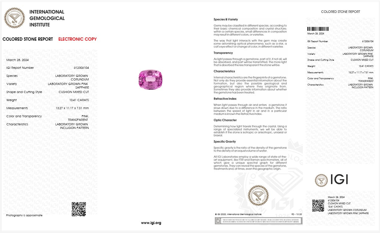 IGI Certified Laboratory Grown Pink Sapphire | 10.41 Carat Cushion Mixed Cut | Luxury Gemstone Secondary image