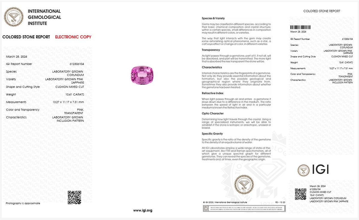 IGI Certified Laboratory Grown Pink Sapphire | 10.41 Carat Cushion Mixed Cut | Luxury Gemstone-Saleh Sallom