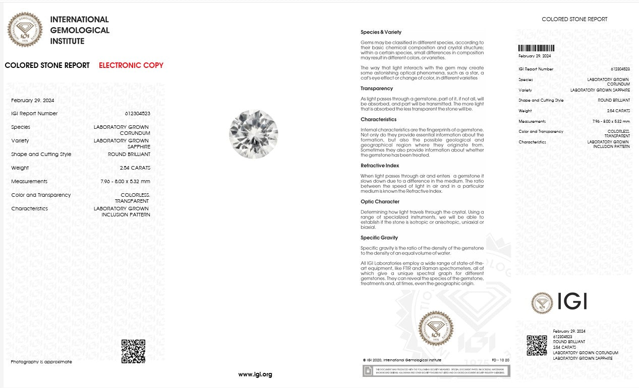 IGI Certified Laboratory Grown Colorless Sapphire | 2.54 Carat Round Brilliant | Luxury Gemstone Secondary image
