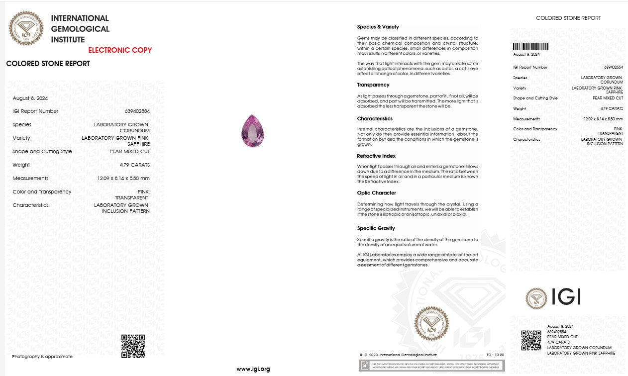 IGI Certified Laboratory Grown Pink Sapphire | 4.79 Carat Pear Mixed Cut | Luxury Gemstone Secondary image