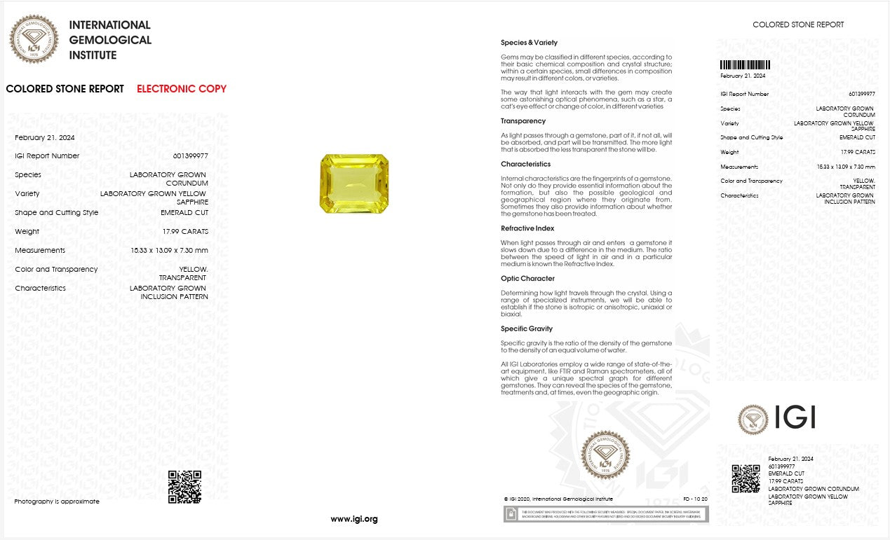 IGI Certified Laboratory Grown Yellow Sapphire | 17.99 Carat Emerald Cut | Statement Luxury Gemstone Secondary image