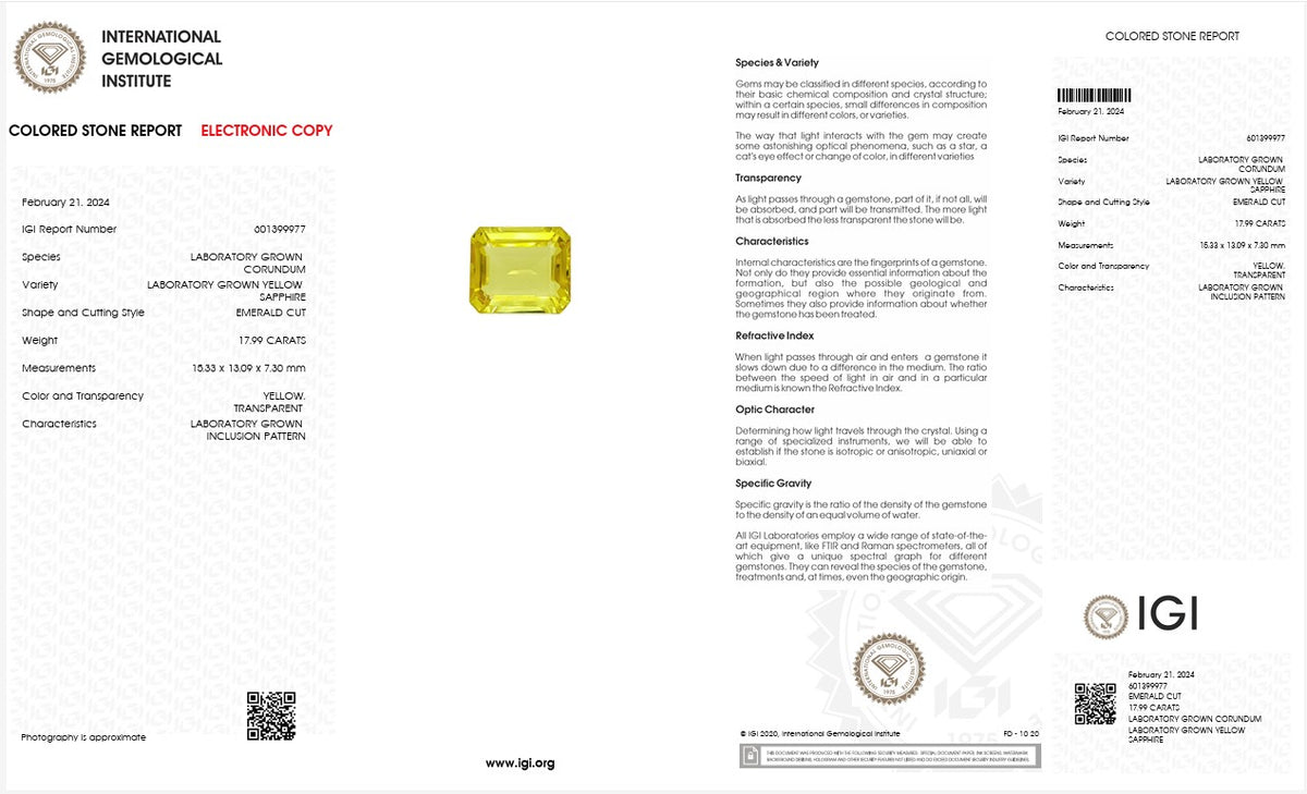 IGI Certified Laboratory Grown Yellow Sapphire | 17.99 Carat Emerald Cut | Statement Luxury Gemstone-Saleh Sallom