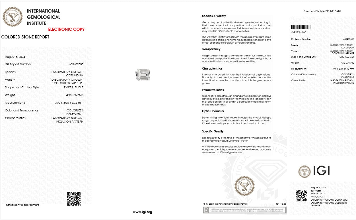 IGI Certified Laboratory Grown Colorless Sapphire | 4.98 Carat Emerald Cut | Luxury Clear Gemstone Secondary image