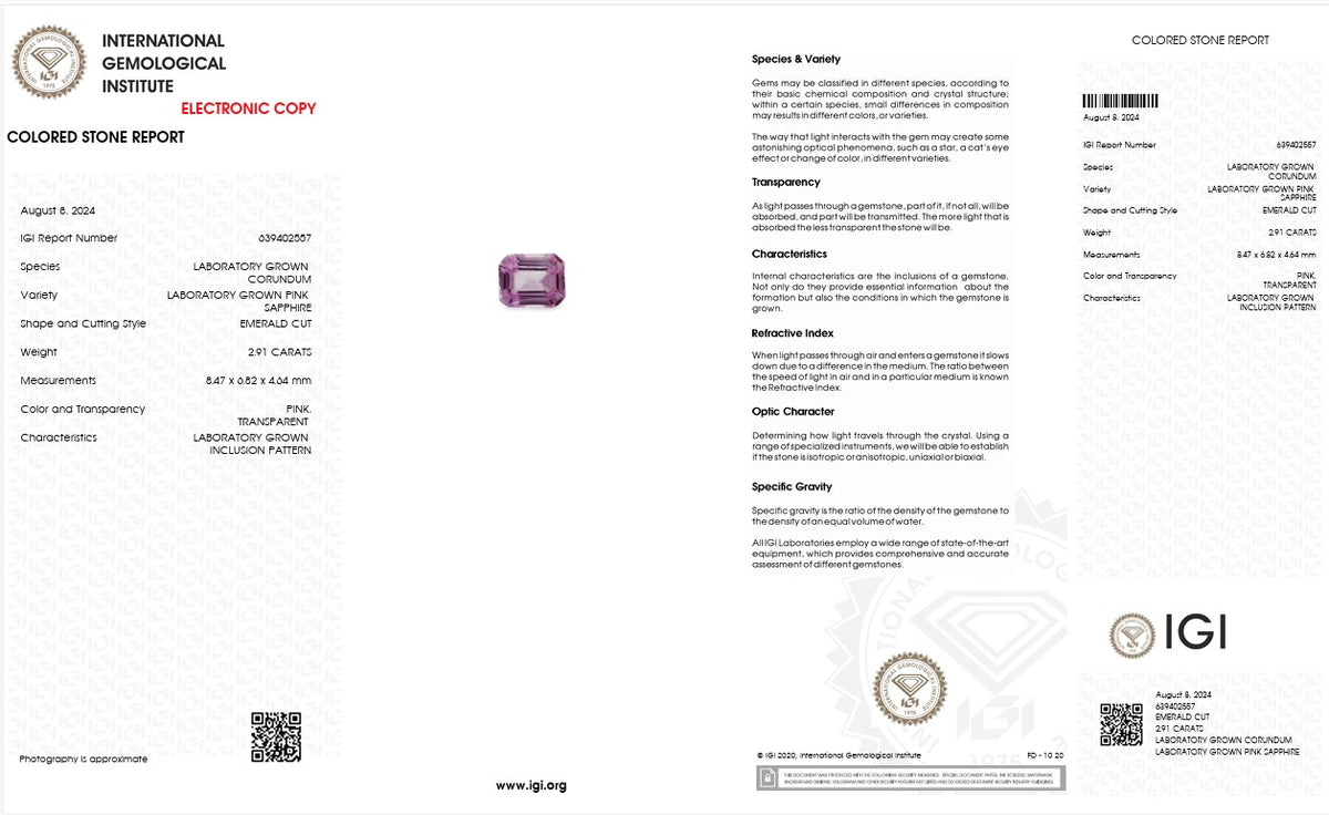 IGI Certified Laboratory Grown Pink Sapphire | 2.91 Carat Emerald Cut | Fine Luxury Gemstone-Saleh Sallom