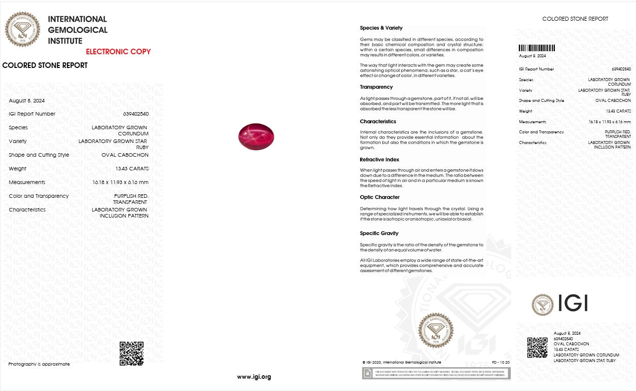 IGI Certified Laboratory Grown Star Ruby | 13.43 Carat Oval Cabochon | Rare Luxury Gemstone Secondary image