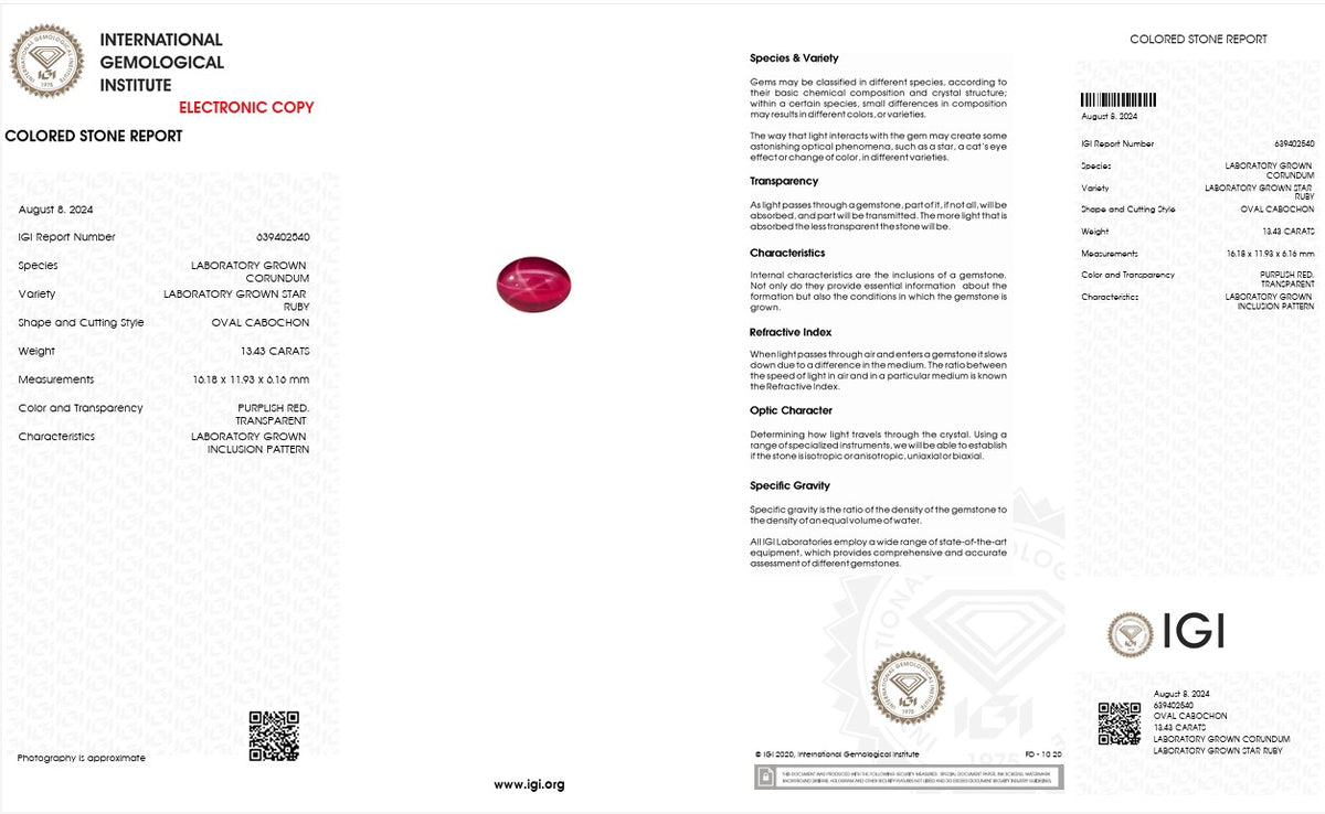 IGI Certified Laboratory Grown Star Ruby | 13.43 Carat Oval Cabochon | Rare Luxury Gemstone-Saleh Sallom