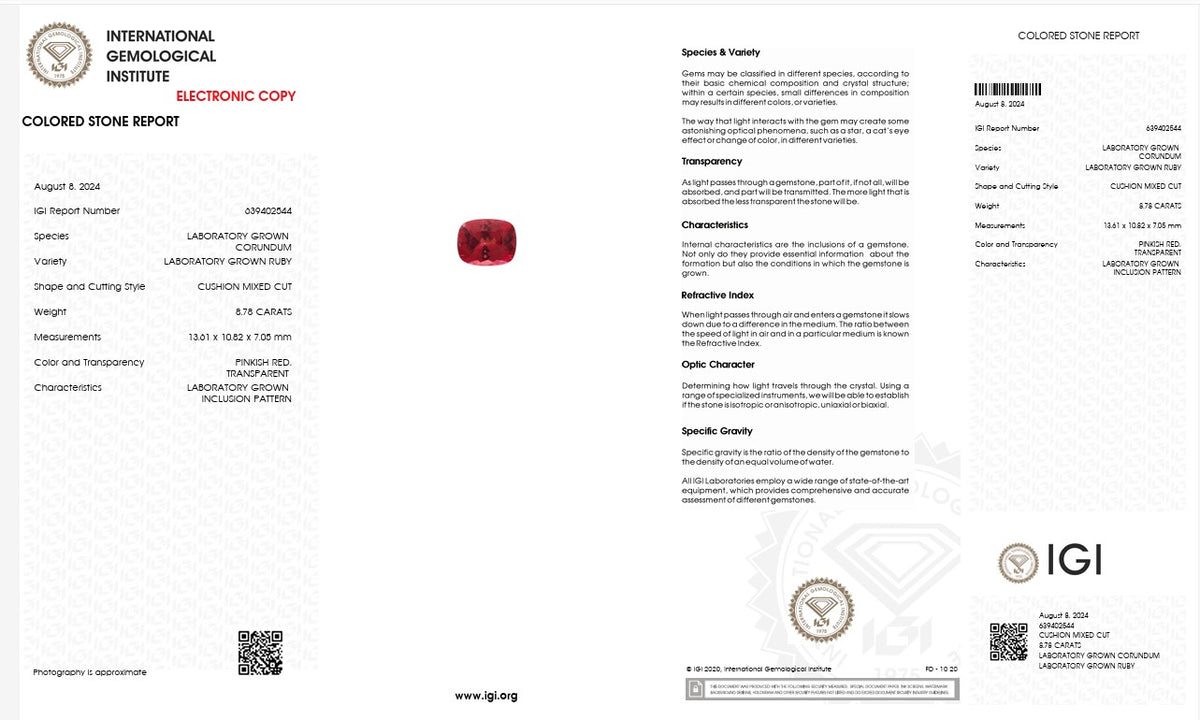 IGI Certified Laboratory Grown Ruby | 8.78 Carat Cushion Mixed Cut | Luxury Statement Gemstone-Saleh Sallom