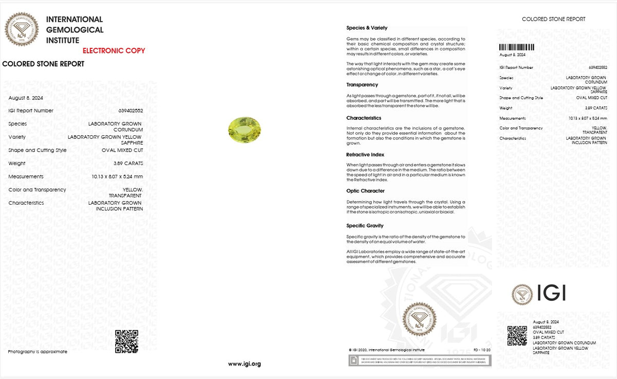 IGI Certified Laboratory Grown Yellow Sapphire | 3.89 Carat Oval Mixed Cut | Fine Luxury Gemstone-Saleh Sallom