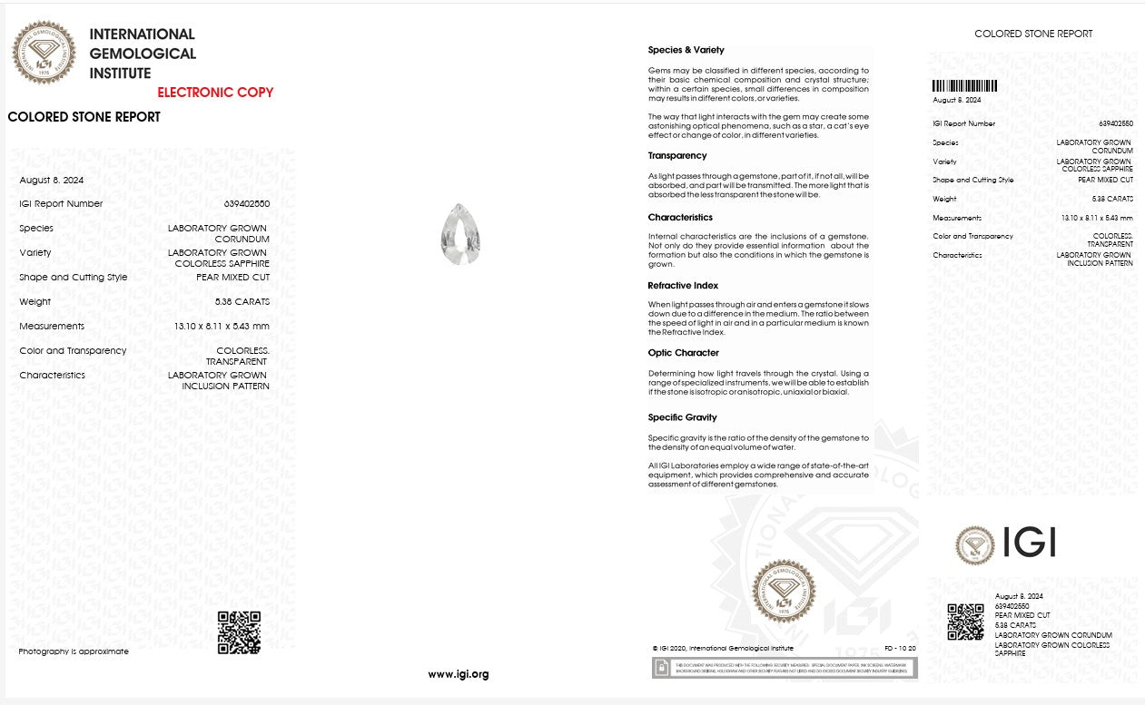 IGI Certified Laboratory Grown Colorless Sapphire | 5.38 Carat Pear Mixed Cut | Luxury Clear Gemstone Secondary image