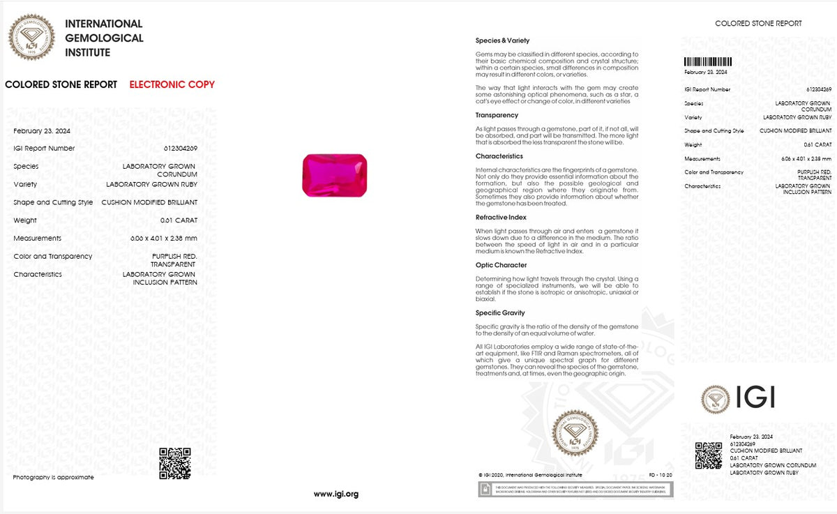 IGI Certified Laboratory Grown Ruby | Cushion Modified Brilliant Cut | 0.61 Carat Fine Red Gemstone-Saleh Sallom