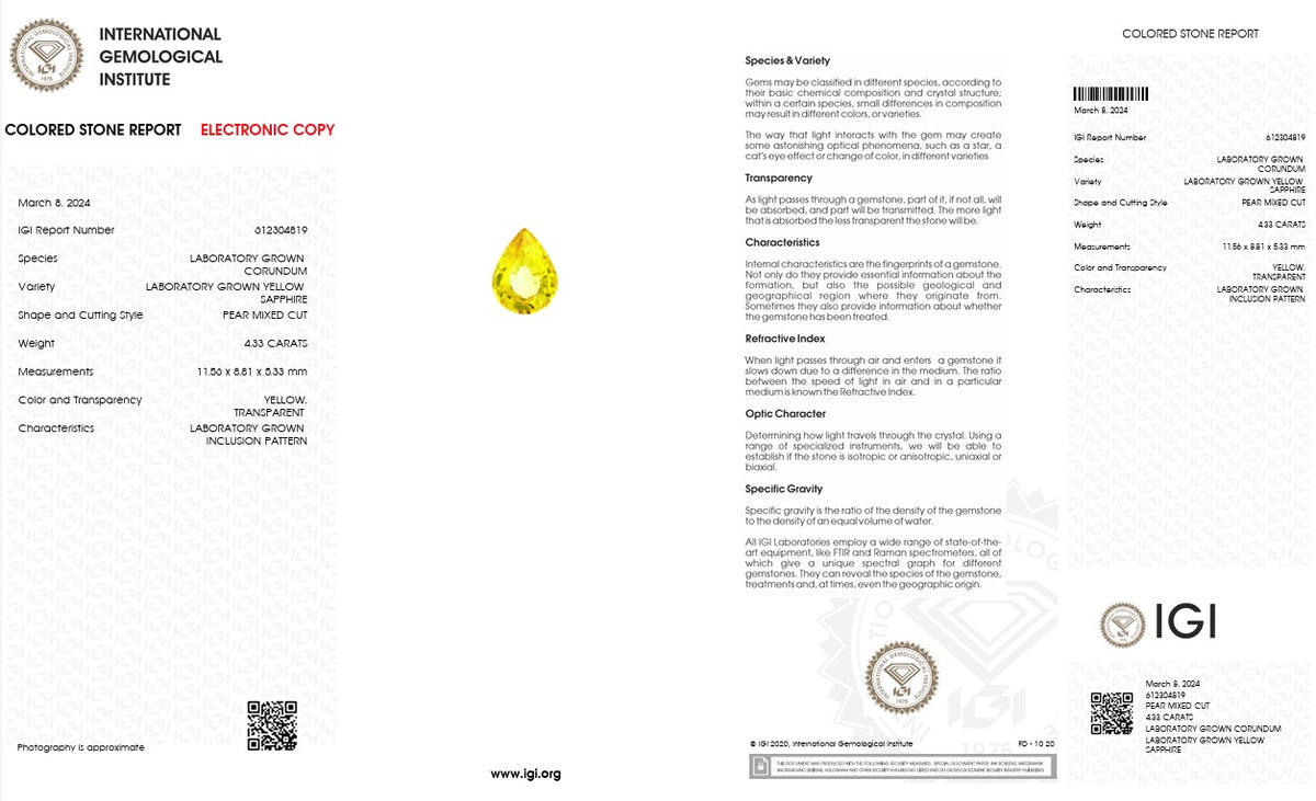 IGI Certified Laboratory Grown Yellow Sapphire | 4.33 Carat Pear Mixed Cut | Premium Bright Yellow Gem-Saleh Sallom