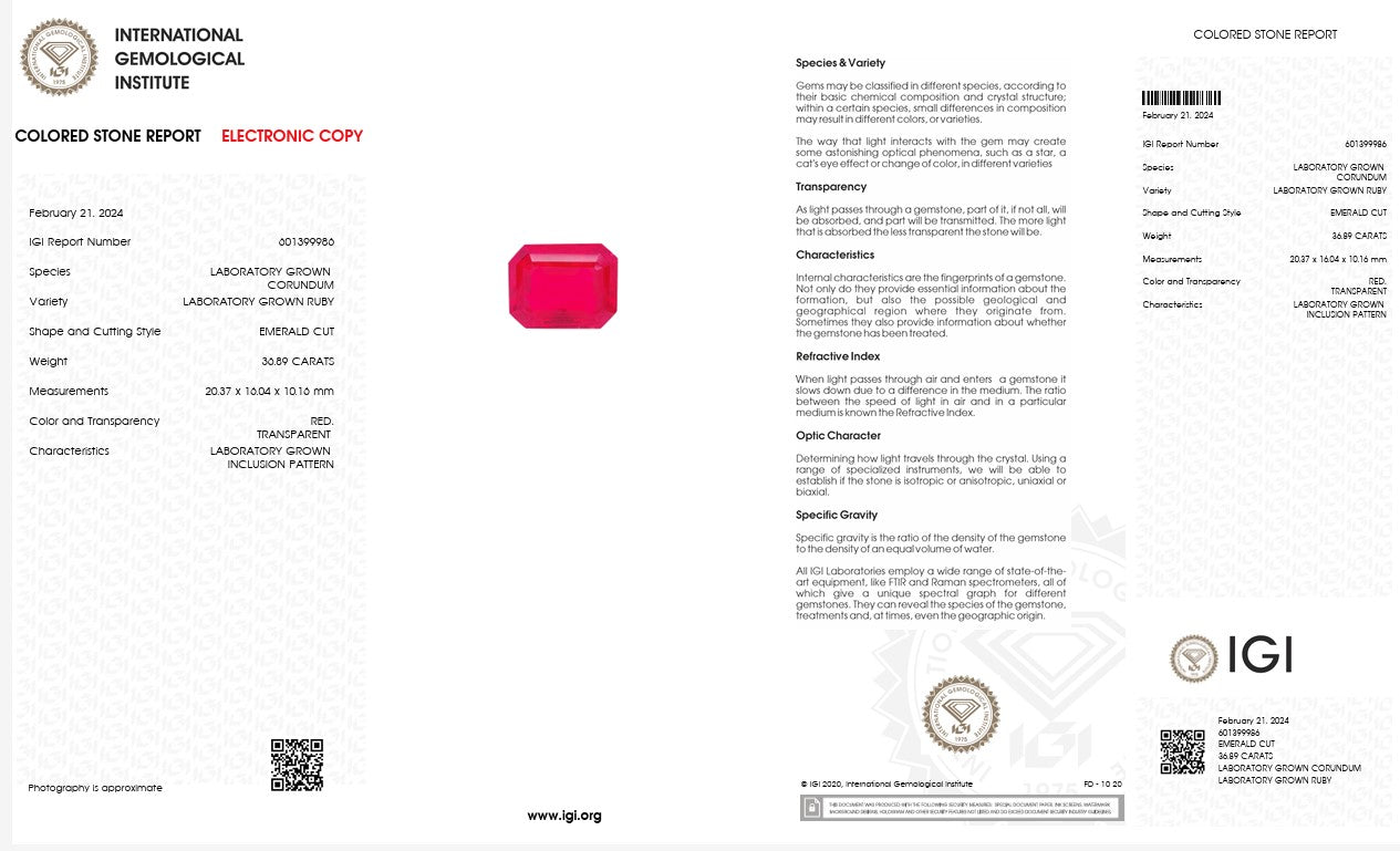 IGI Certified Laboratory Grown Ruby | 30.89 Carat Emerald Cut | Exceptional Collector Statement Gem Secondary image