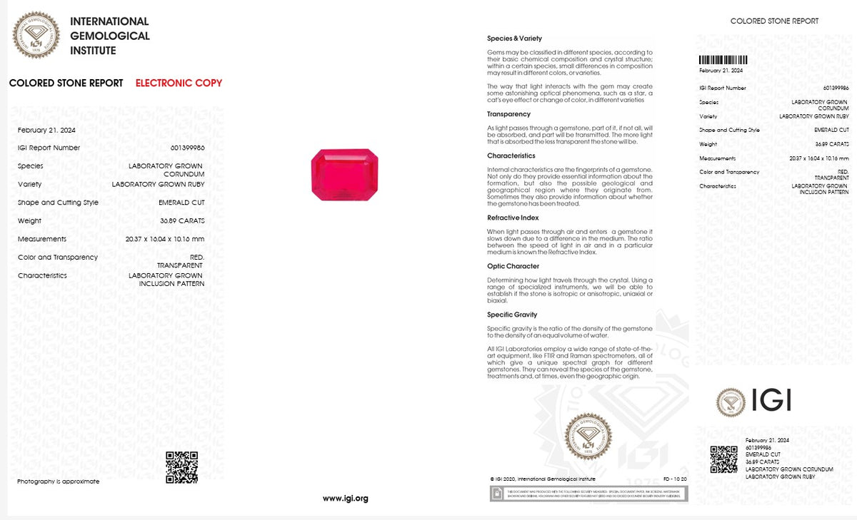 IGI Certified Laboratory Grown Ruby | 30.89 Carat Emerald Cut | Exceptional Collector Statement Gem-Saleh Sallom