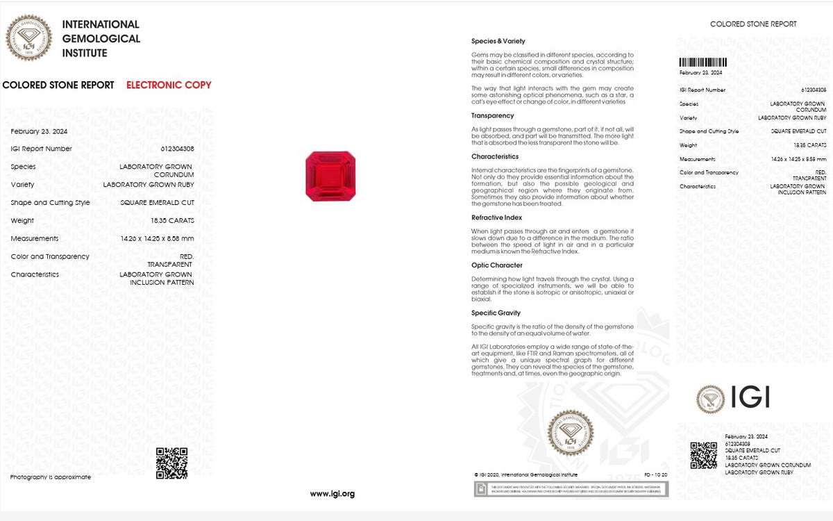 IGI Certified Laboratory Grown Ruby | 18.35 Carat Square Emerald Cut | Premium Statement Red Gemstone-Saleh Sallom
