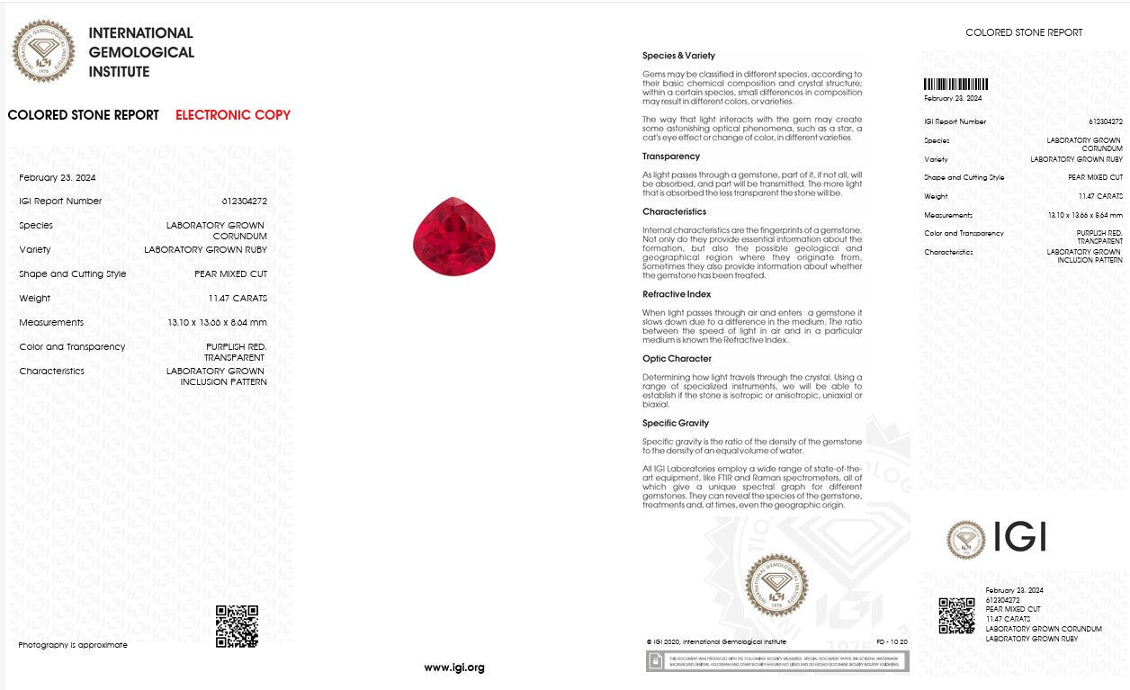 IGI Certified Laboratory Grown Ruby | 11.47 Carat Pear Mixed Cut | Premium Red Statement Gemstone Secondary image