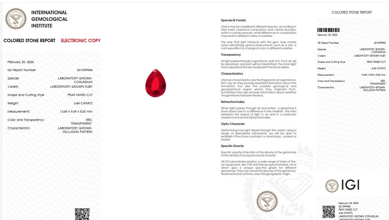 IGI Certified Laboratory Grown Ruby | 6.44 Carat Pear Mixed Cut | Elegant Red Gemstone Secondary image