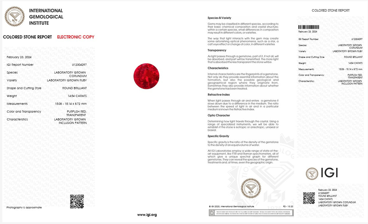 IGI Certified Laboratory Grown Ruby | 14.54 Carat Round Brilliant Cut | Premium Red Statement Gemstone-Saleh Sallom