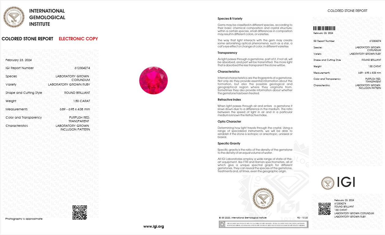 IGI Certified Laboratory Grown Ruby | 1.50 Carat Round Brilliant Cut | Fine Red Gemstone Secondary image
