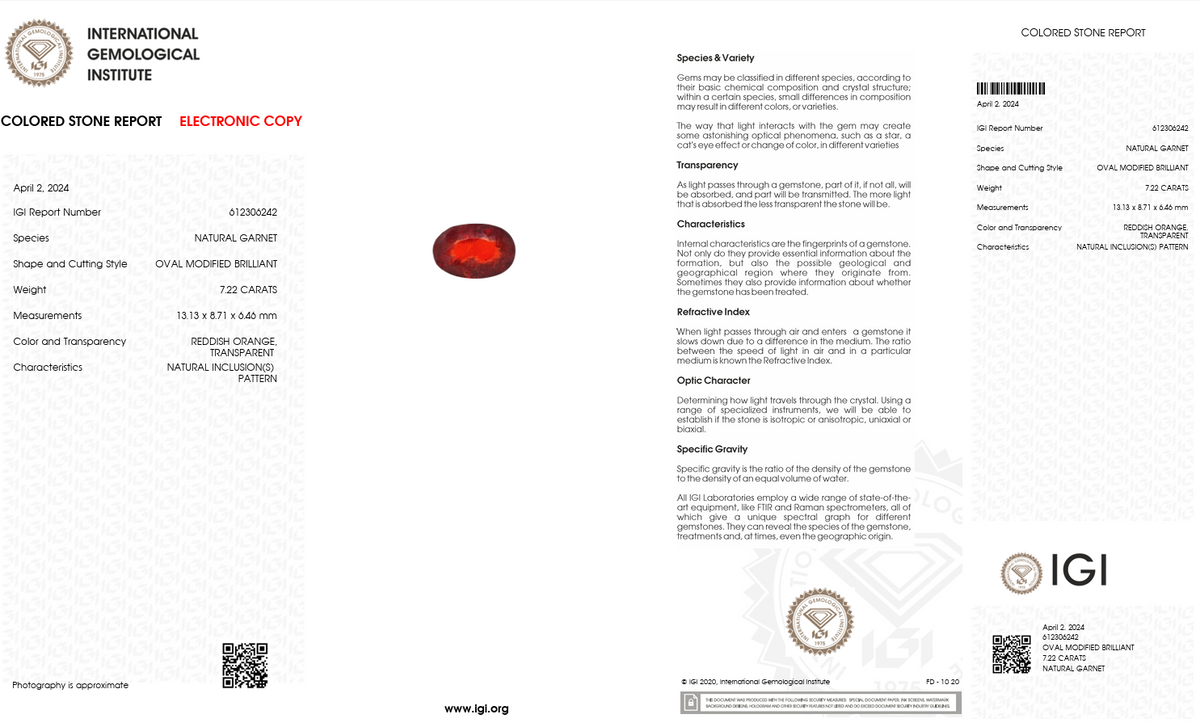 IGI Certified Natural Garnet | 7.22 Carat Oval Cut | Reddish Orange-Saleh Sallom