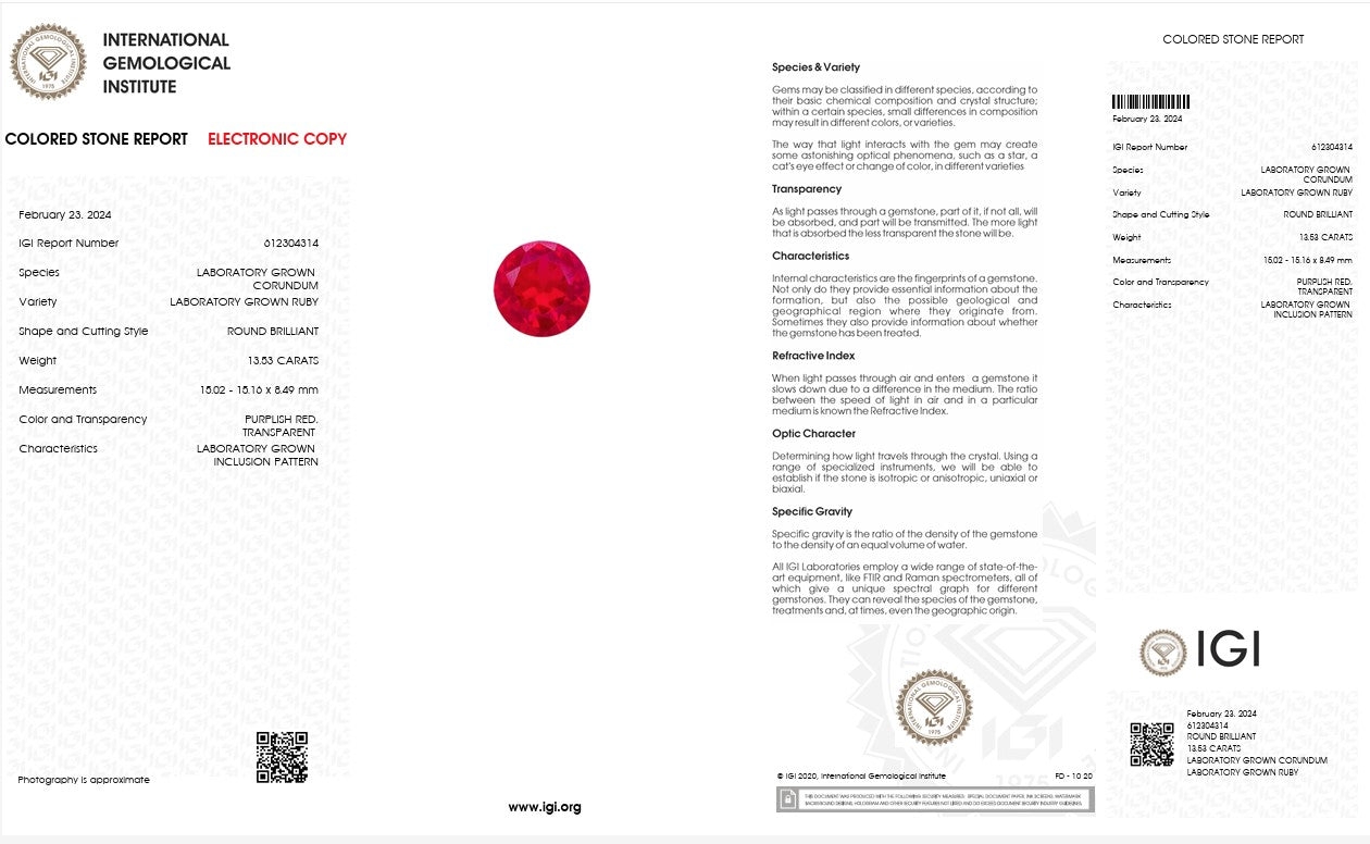 IGI Certified Laboratory Grown Ruby | 13.53 Carat Round Brilliant Cut | Premium Red Statement Gemstone Secondary image