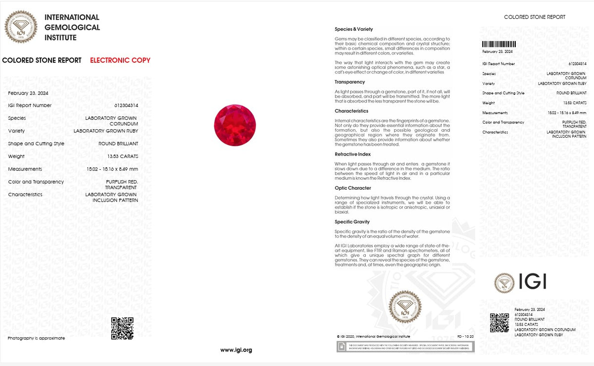 IGI Certified Laboratory Grown Ruby | 13.53 Carat Round Brilliant Cut | Premium Red Statement Gemstone-Saleh Sallom
